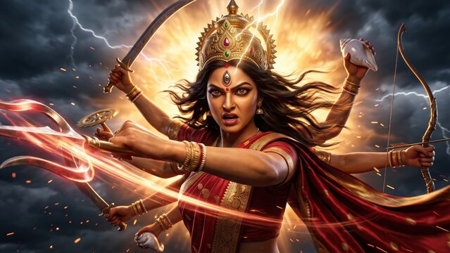 Fierce Maa Durga in Battle &ndash; Dynamic Trident Warrior Goddess Portrait.