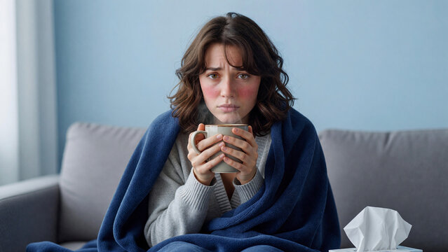 Sick woman with flushed face holding steaming mug on sofa, winter flu and home healthcare