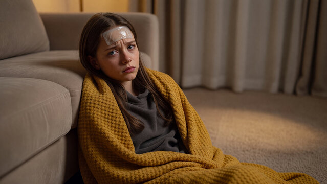 Sick girl wrapped in blanket with cooling patch on forehead, home healthcare and fever treatment