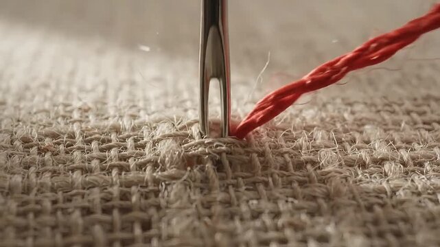 Needle pulling red thread through coarse canvas fabric macro shot