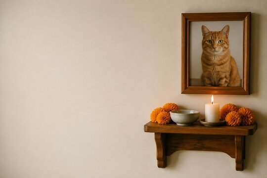 Day of the Dead cat altar on a wooden wall shelf
