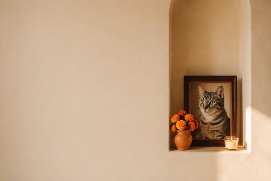 Day of the Dead cat altar in an arched wall niche