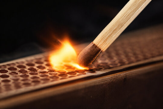 A wooden matchstick igniting with a small flame against a matchbox.