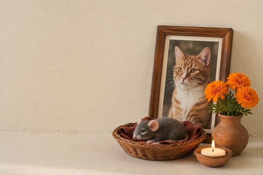 Day of the Dead cat altar with toy mouse in a basket