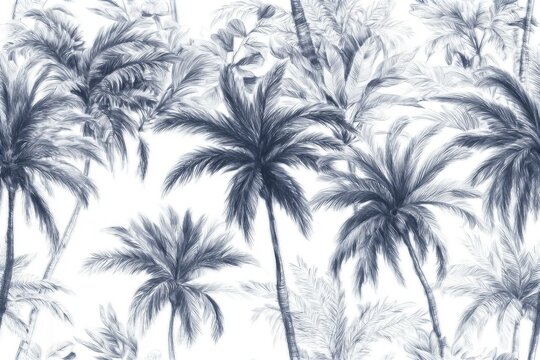 Seamless pattern with hand-drawn palm trees and tropical foliage in pencil sketch style. Monochrome botanical design perfect for fabric, wallpaper, and packaging.
