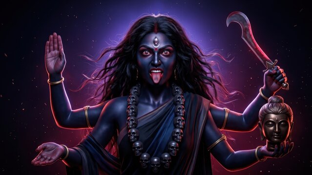 Kali Maa Goddess &ndash; Fierce Four-Armed Portrait with Divine Glow.

