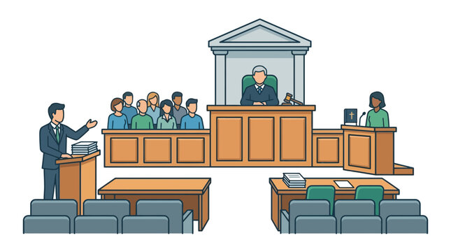 Courtroom Scene with Judge, Lawyers, Jury, and Defendant - Legal Justice Concept