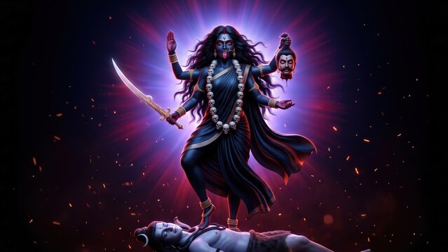 Kali Maa Dancing on Shiva &ndash; Four-Armed Shakti Goddess in Divine Glow.
