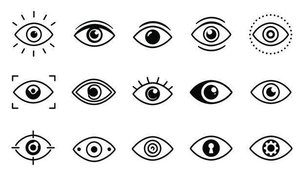 A diverse collection of eye illustrations showcasing various styles shapes and expressions in black and white