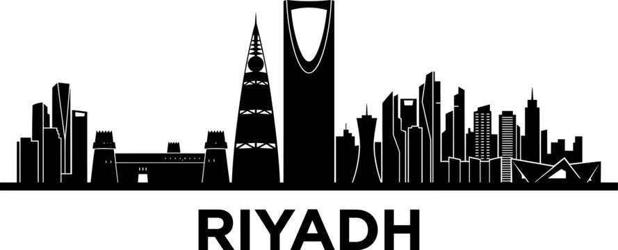 Riyadh city skyline silhouette with saudi sword icon