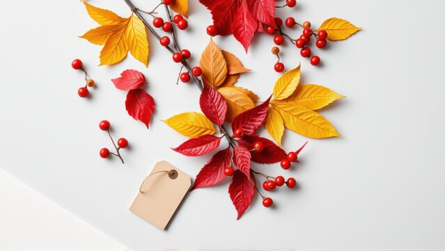 Autumn foliage, vibrant reds, yellows, berries. Tag present, simple composition, flat lay style. Seasonal elements, warm tones, natural beauty.