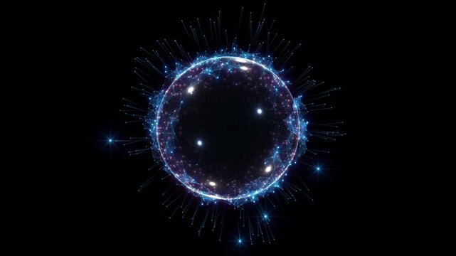 Glowing cyan connections wrap spherical core light outward like digital signals. network explainers, telecom presentations, linked systems, enterprise innovation, science visuals, software promotions.