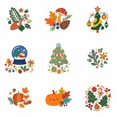 Fototapeta premium Autumn and Christmas Flat Vector Icon Collection