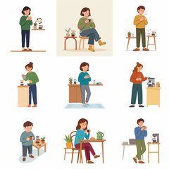 Fototapeta premium Flat vector set of characters making and enjoying coffee at home.