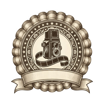 Vintage twin lens reflex camera emblem with film strip and blank banner for custom text