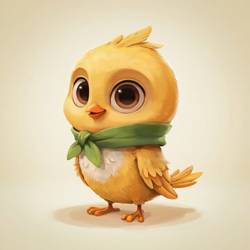 A cute, cartoon baby bird with large eyes and a green scarf stands against a light background, radiating charm and innocence.
