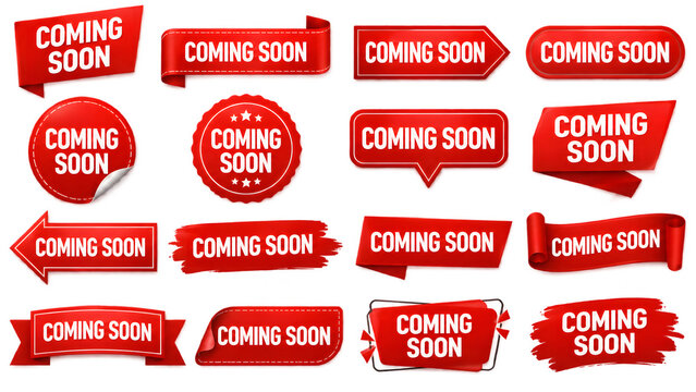 Red banners and badges display coming soon text in various shapes and ribbon styles. Promotional sticker labels feature modern arrow and stamp designs. Vector set for retail launch teasers.