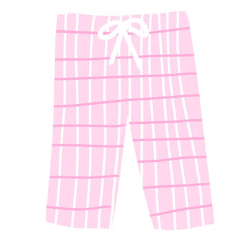 Pink plaid pajama pants illustration with white drawstring ribbon and crayon texture on isolated black background