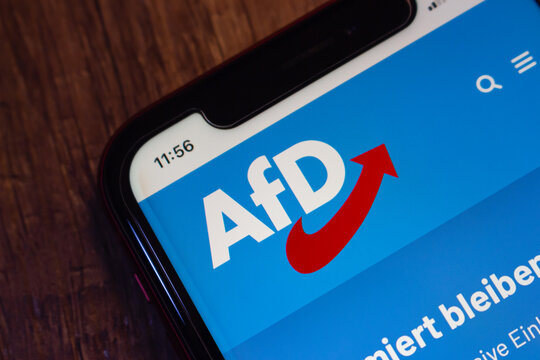 Mexico City, MEXICO - Sep 1 2026 : Close-up of a smartphone displaying the website of Alternative fuer Deutschland, showing the AfD logo with its red arrow on blue.