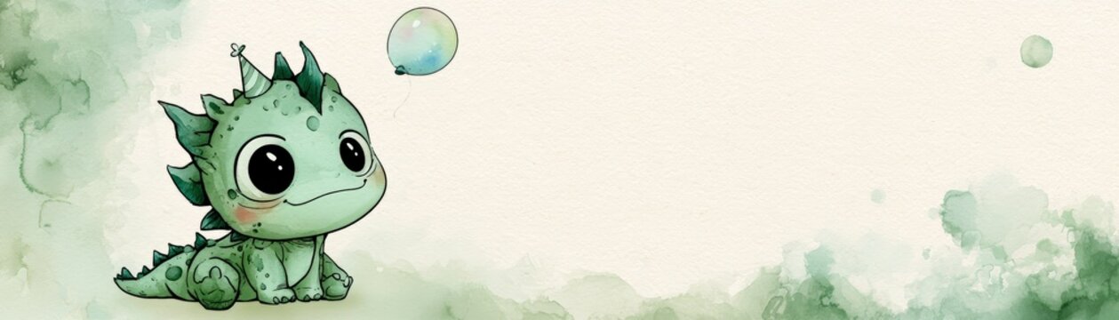 A cute, green dragon with big eyes plays curiously with a floating bubble in a soft watercolor background, hand drawn kid friendly background