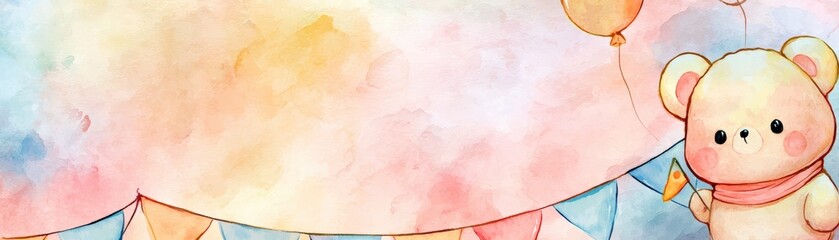Obraz premium A cute watercolor teddy bear holding a balloon with colorful triangular flags hanging on a string against a soft pastel sky background, hand drawn kid friendly background