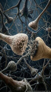 Neuron visualizes complex thought process, synaptic communication transmits cognitive thinking, neurotransmitter chemical like serotonin dopamine oxytocin regulates brain function.