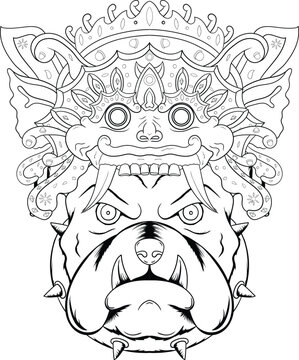 Fierce Bulldog Wearing Traditional Balinese Barong Mask