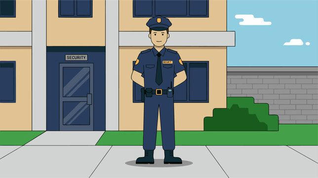 Flat vector illustration of a security guard in uniform standing in front of a building facility