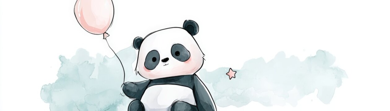 A cute panda holding a pink balloon, standing against a watercolor background with soft blue clouds and a tiny star, hand drawn kid friendly background