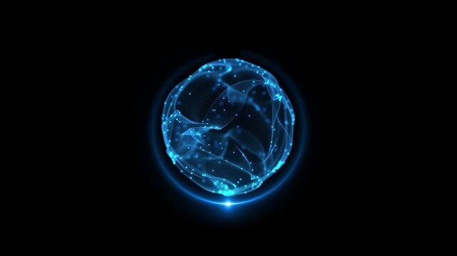 Luminous blue mesh orb flowing wave contours, nodes, curved light halo . artificial intelligence presentations, data visualization concepts, technology branding, digital research, computing explainers