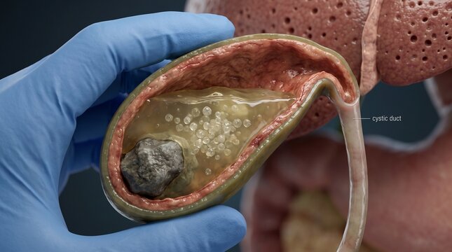 Anatomical human gallbladder model with gallstones and cystic duct