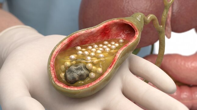 Cross section of human gallbladder with gallstones in medical glove