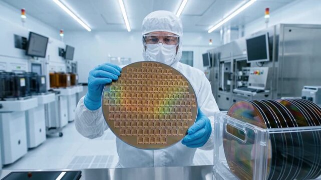 Symmetric front view of semiconductor engineer holding large silicon wafer near carrier box in high tech cleanroom