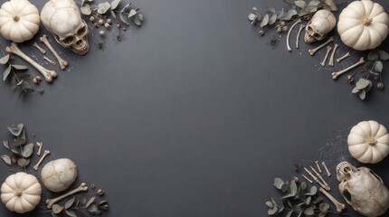 Obraz premium A flat lay top view of a Halloween themed background featuring white pumpkins, human skulls, scattered bones, dried eucalyptus branches, and spider webs arranged on a dark grey surface for a spooky.