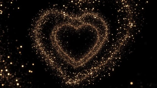 Golden particles heart frame glints diffuse dust on black. marriage announcements, engagement films, love messages, anniversary montages, romantic dedications, personalized celebration greetings.
