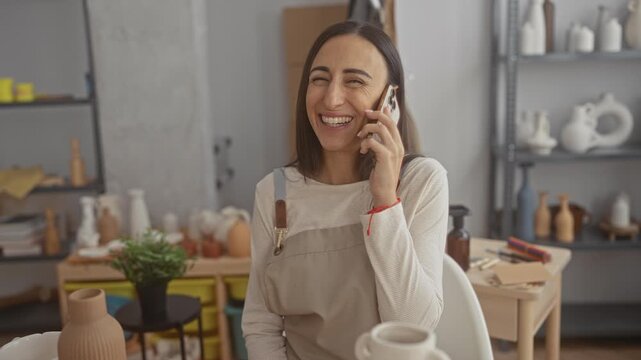 Young hispanic woman potter holding smartphone to ear, smiling and squinting with hand near cheek in a ceramics studio; creative joy.
