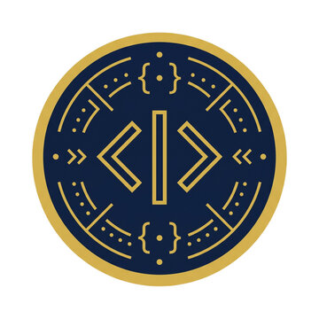 Coding development badge icon with programming syntax symbols on dark blue background
