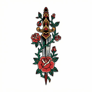 Dagger entwined with roses tattoo design