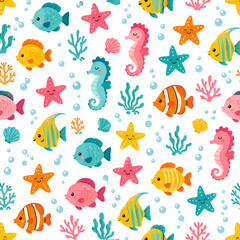 Fototapeta premium Seamless Sea Creatures Pattern with Fish, Starfish and Seahorse on White Background