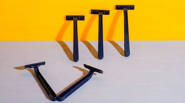 Black disposable razors arranged on light surface with yellow background, ideal for daily men grooming, personal care, shaving tools, hygiene routines, and bathroom product concept.