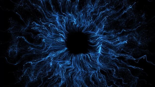 Dark circular opening is framed fine light strands radiant dots, forming portal electric glow. futuristic title sequences, fantasy trailers, digital art displays, dramatic visual effects compositions.
