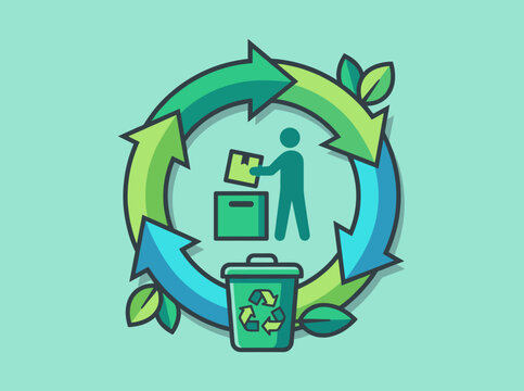 Vector illustration of a person silhouette placing boxes into a recycling bin inside a circular arrow loop with leaves. Sustainable waste management and circular economy concept icon.