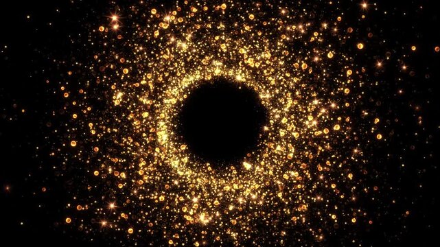 Amber dots gold sparkles form circular halo against black, open center for a title emblem. celebration announcements, anniversary messages, brand introductions, refined event graphics festive glow.