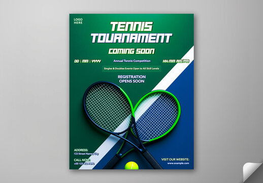 Editable Tennis Tournament Coming Soon Match Social Media Post Template Design in Green and Blue Color and Venue Details.