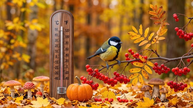 Autumn thermometer in a colorful forest showing seasonal cooling, fall weather and temperature forecast