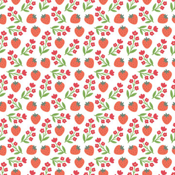 Red strawberry and floral sprig scatter seamless pattern. 