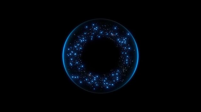 A luminous cyan circle wide dark star dots delicate dust fill its inner edge. space-inspired intros, fantasy portals, celestial announcements, digital presentations, and cinematic title compositions.