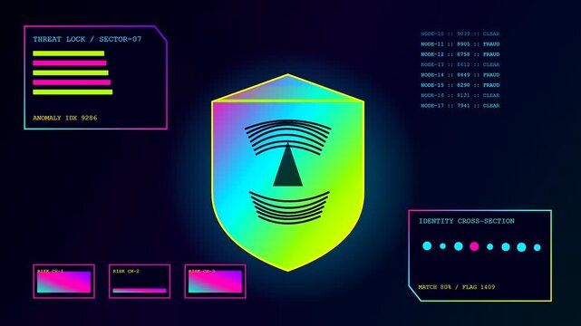 Digital displays showcasing ai fraud detection systems with glowing shield icons and scrolling code streams within a dark interface designed for modern monitoring and cyber security