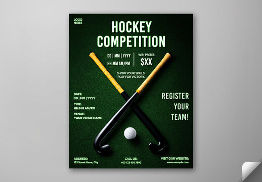 Editable Hockey Competition Social Media Post Template Design with Equipment on Green Field.