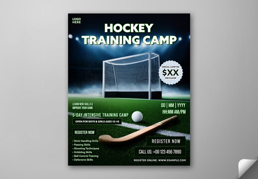 Editable Hockey Training Camp Social Media Post Template Design with Goal Net and Hockey on Green Field.